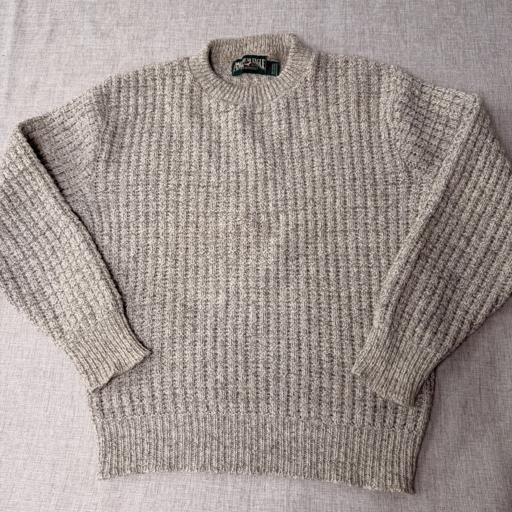 Vintage American Eagle Cream Chunky Fisherman Hand Knit Wool Sweater Size‎ M